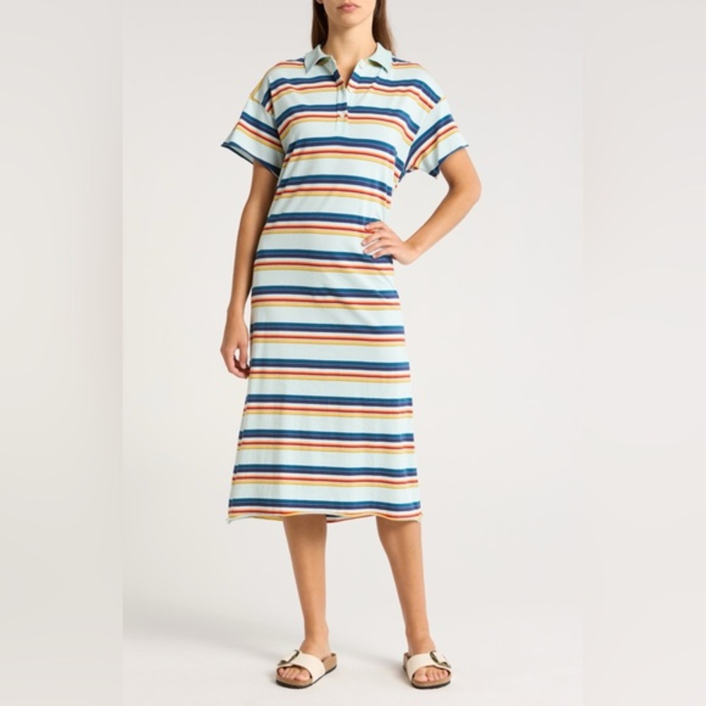 THE GREAT. Striped Midi Dress - Blue, Red, Yellow